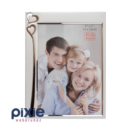  Szívekkel díszített ezüst színű fém képkeret, 13x18 cm-es